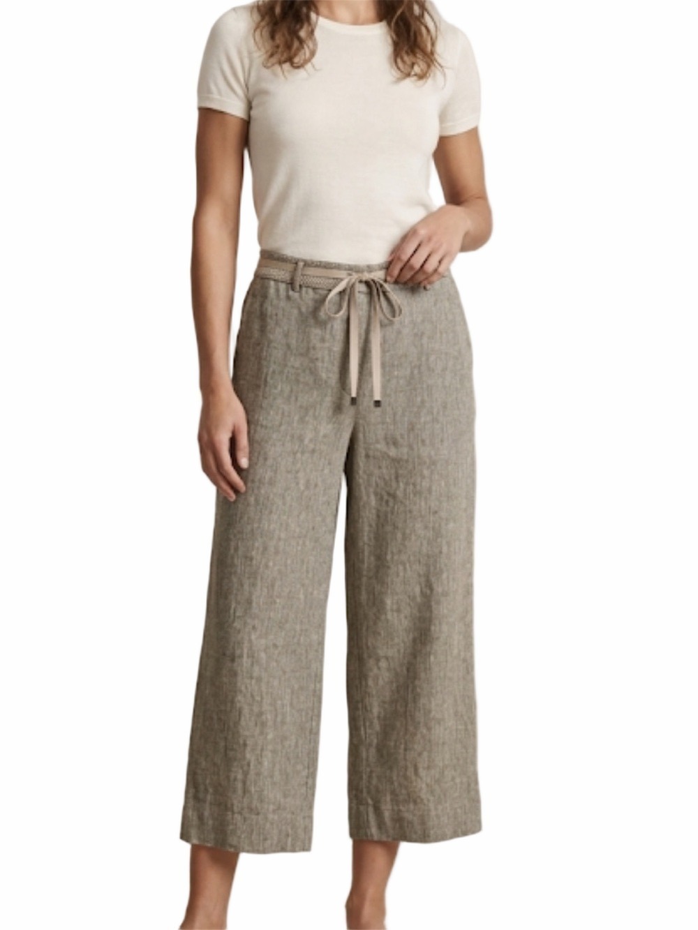 Chico’s Relaxed Fit Cropped Linen Chinos Gray Tie-Front Elastic Back Size 3
